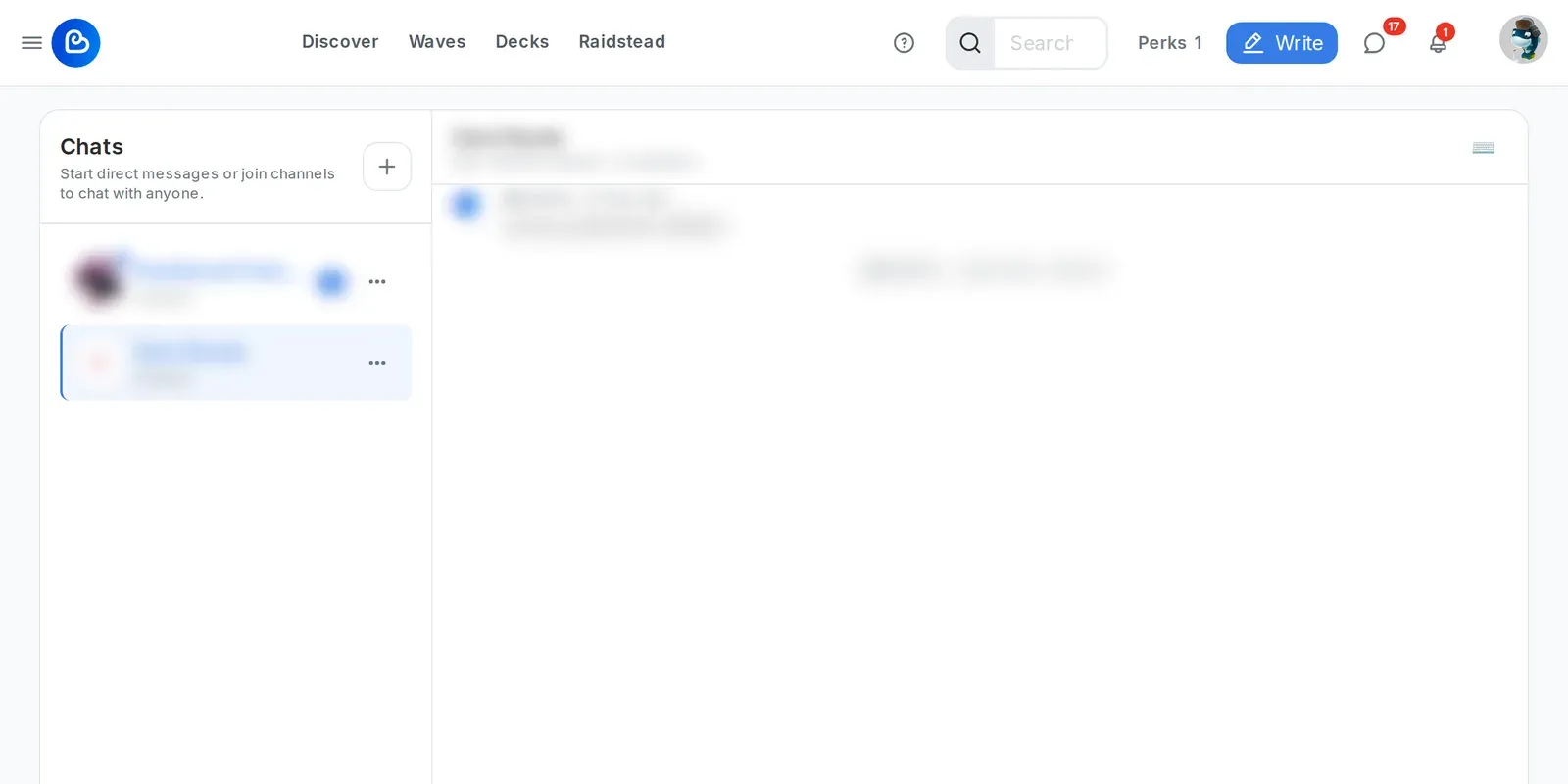 Ecency Chats on the web with the chat list on the left and a community channel open on the right