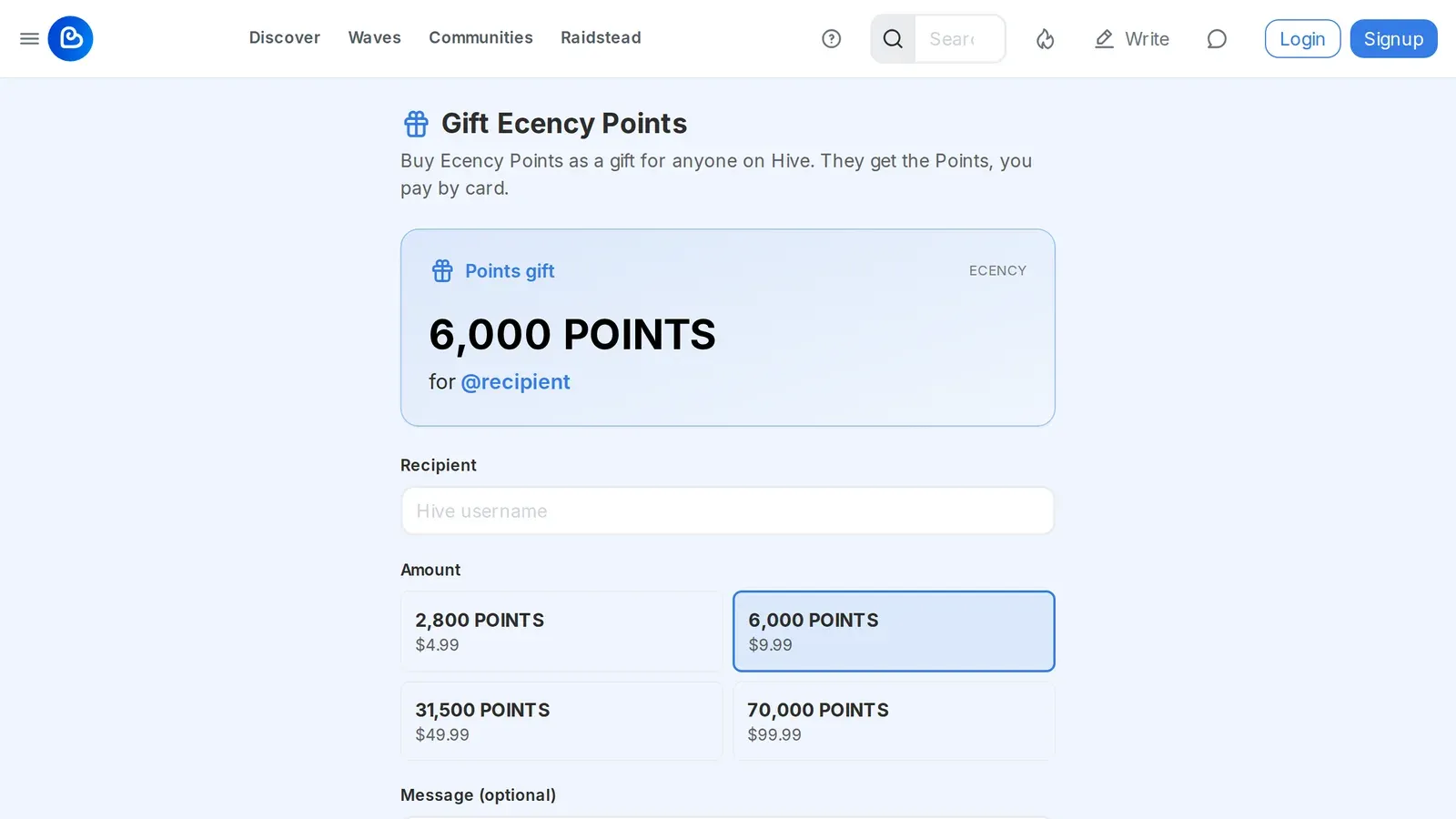 The Gift Ecency Points page with a recipient field and four Points packages