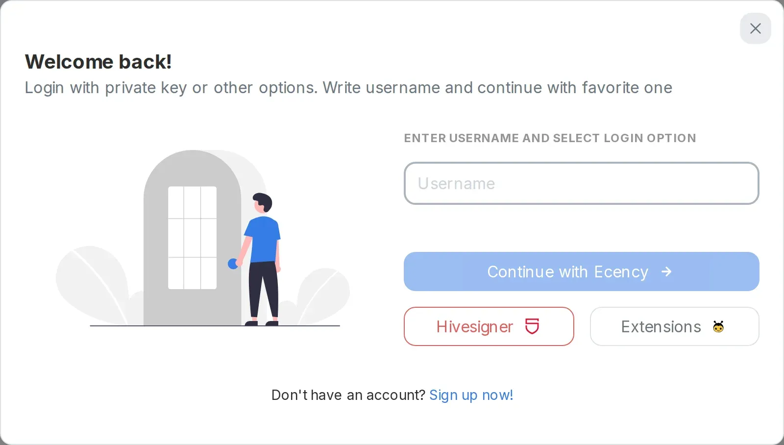 The Ecency login dialog with a Username field and the Continue with Ecency, Hivesigner and Extensions buttons
