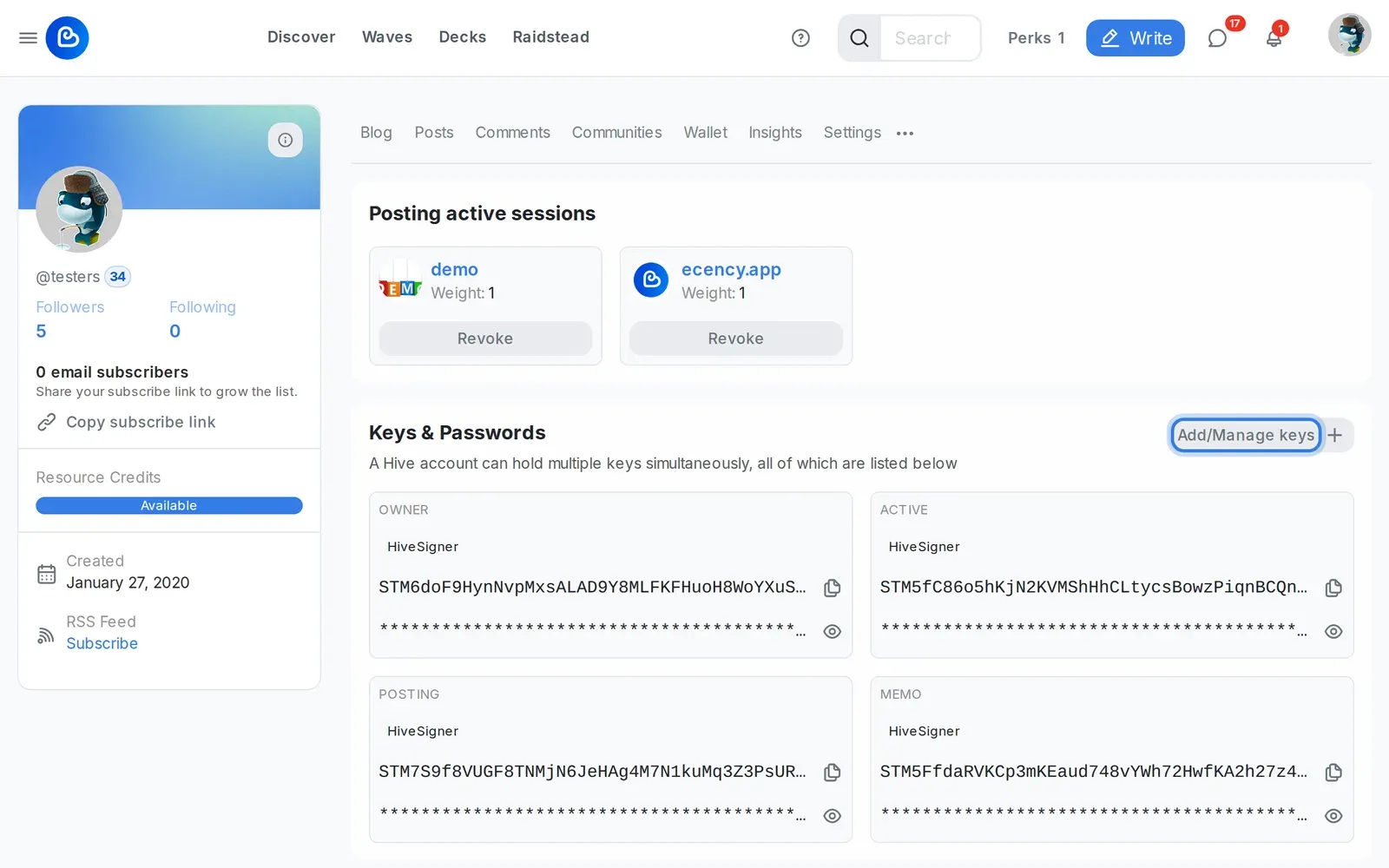 The Permissions page with Posting active sessions and the Keys and Passwords list, with the Add/Manage keys button highlighted