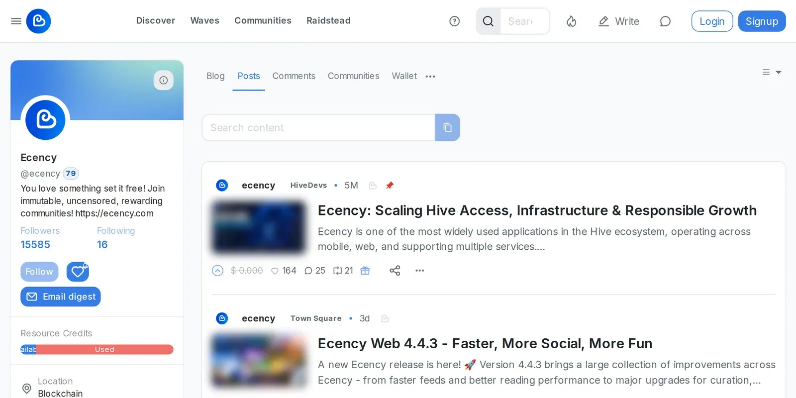 An Ecency profile with the Blog, Posts, Comments, Communities and Wallet tabs