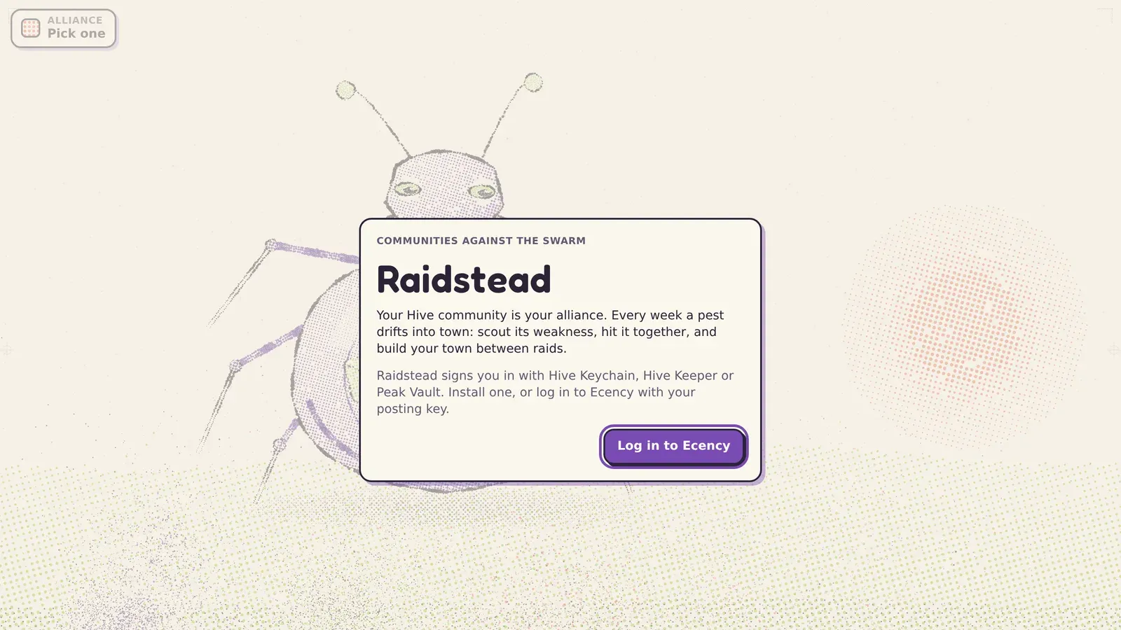 The Raidstead start screen with a Log in to Ecency button