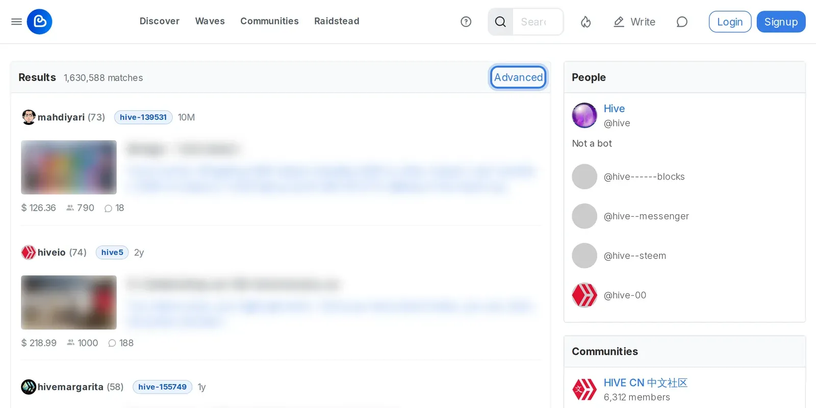 Ecency search results for hive with People and Communities panels and the Advanced button highlighted