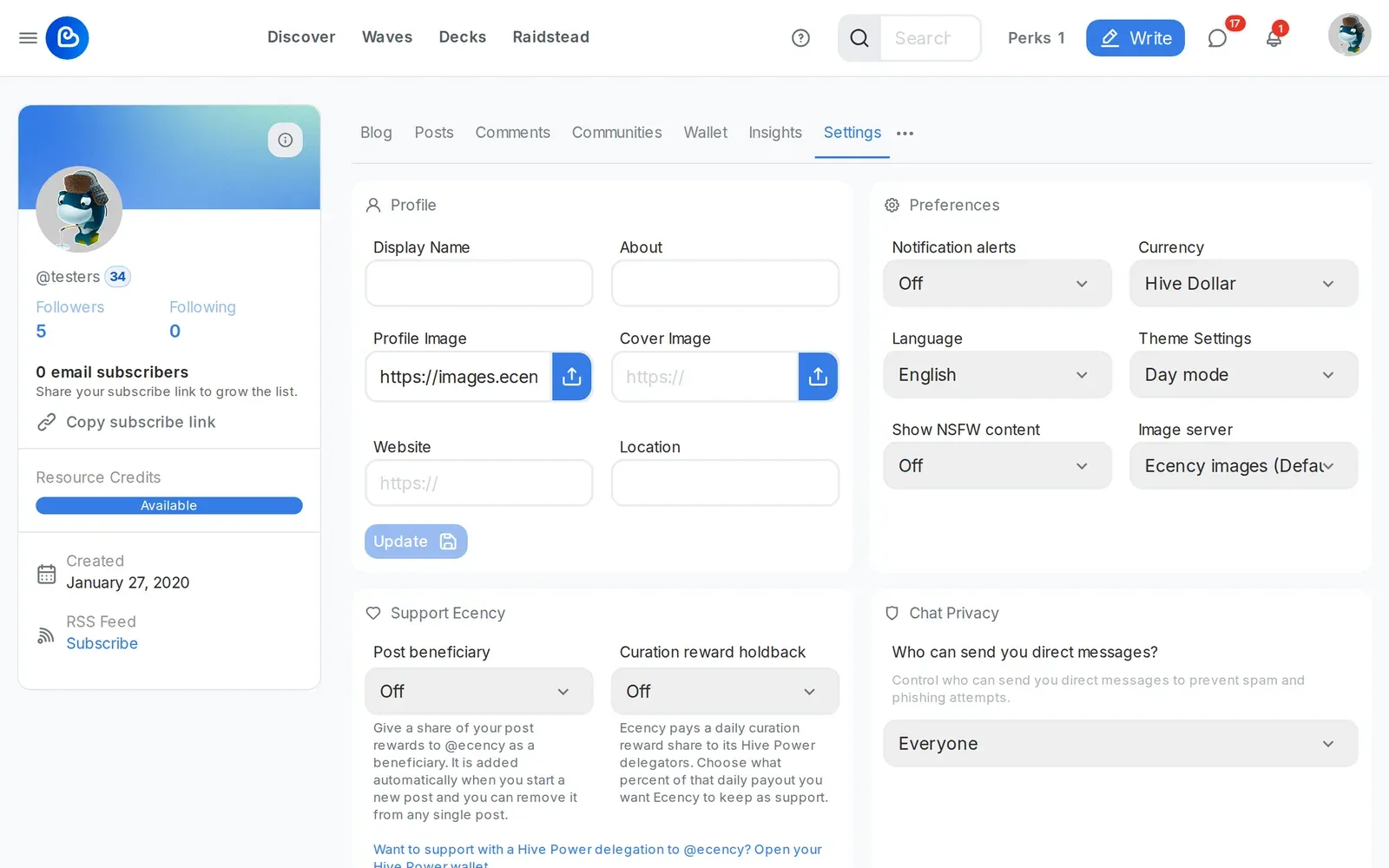 The Ecency settings page with the Profile, Preferences, Support Ecency and Chat Privacy cards